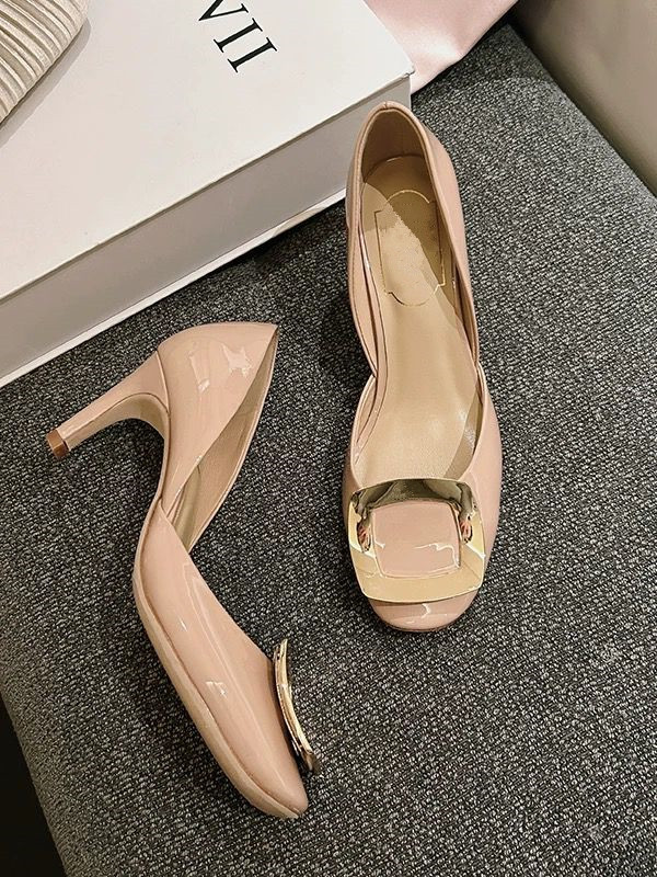 白白琮媛同款鞋裸色高跟鞋女高级感细跟中空凉鞋圆头漆皮方扣单鞋