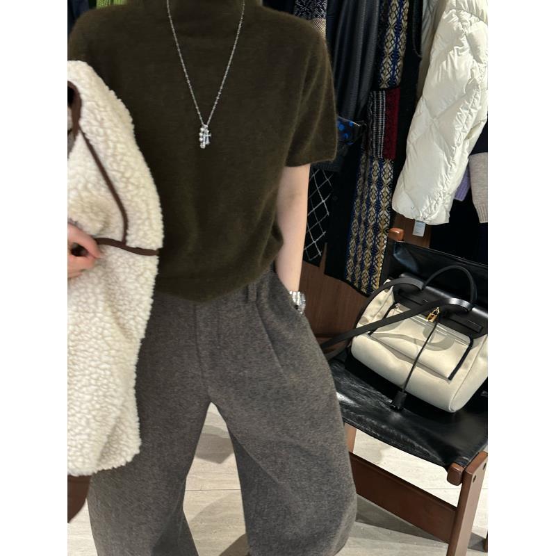 沙绿色羊绒高领短袖毛衣 J25MY864