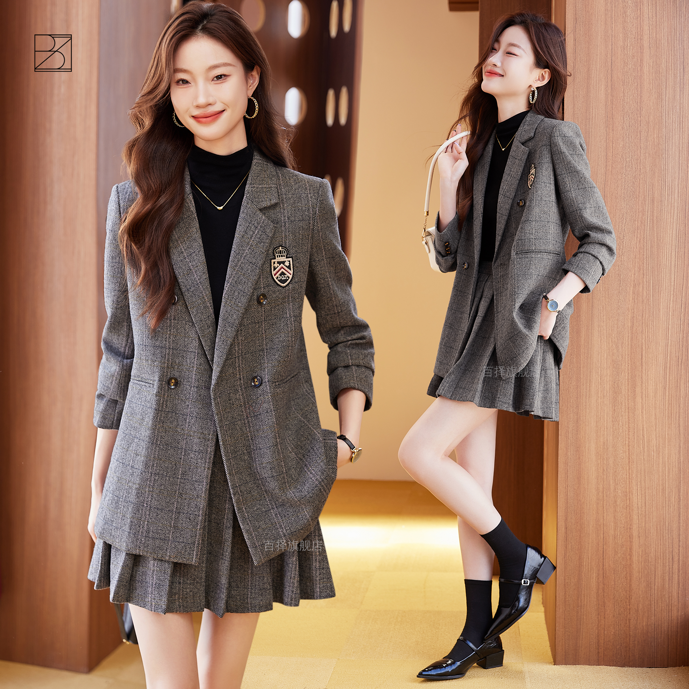 『青春故事』学院风西装套裙女春秋新款韩版时尚减龄休闲百褶裙套装