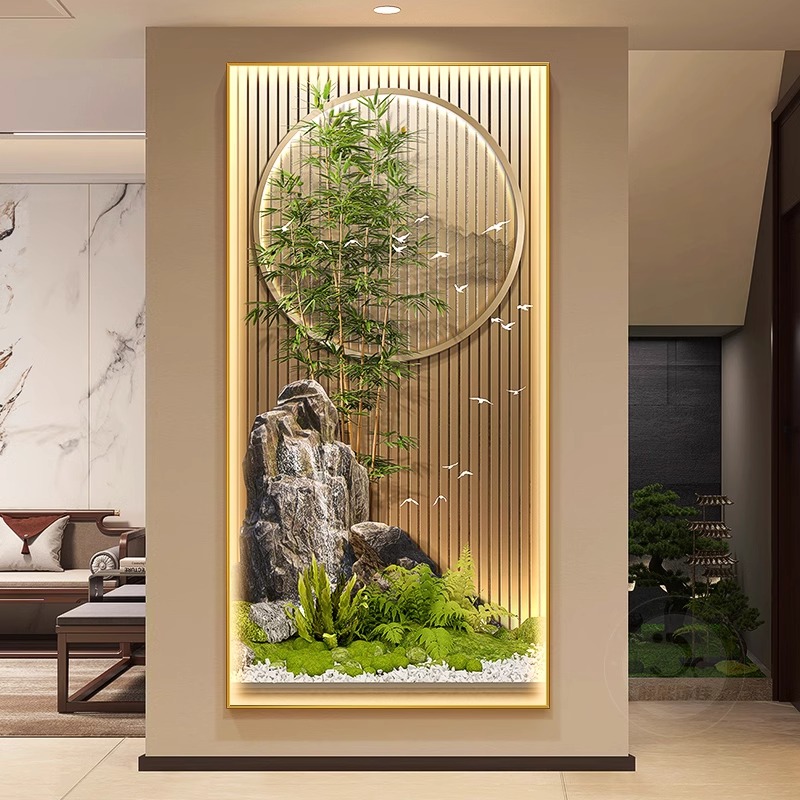 节节高升玄关装饰画新中式山水走廊过道挂画富贵竹子入户带灯壁画