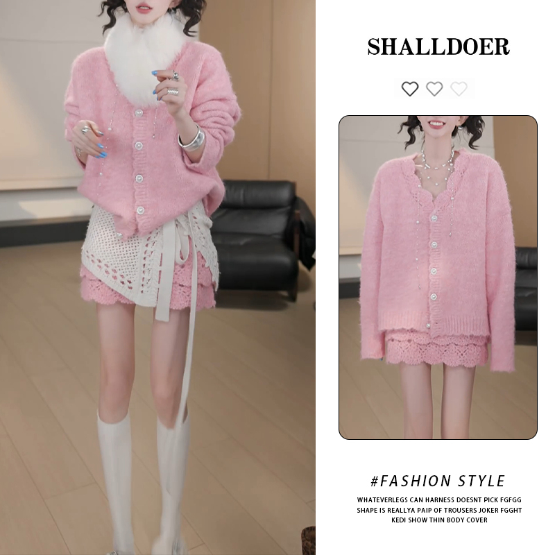 SHALLDOER时尚针织花边开衫毛衣休闲高腰短裙两件套女2026减龄款