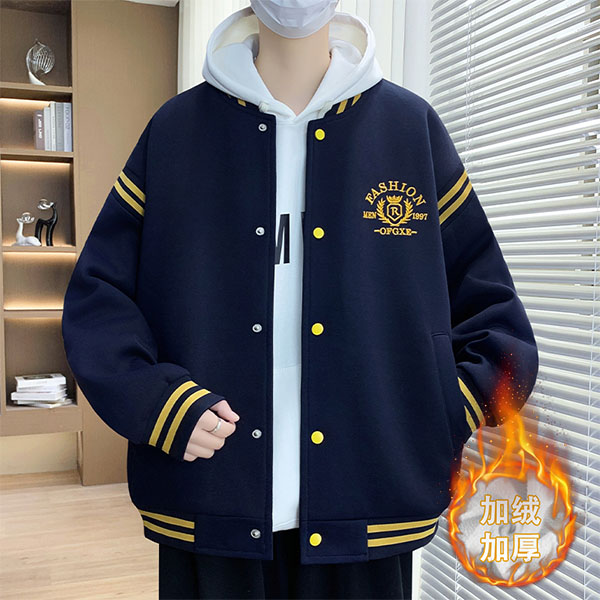 大码男装加绒棒球服秋冬季青少年学生加绒保暖外套潮牌宽松夹克男