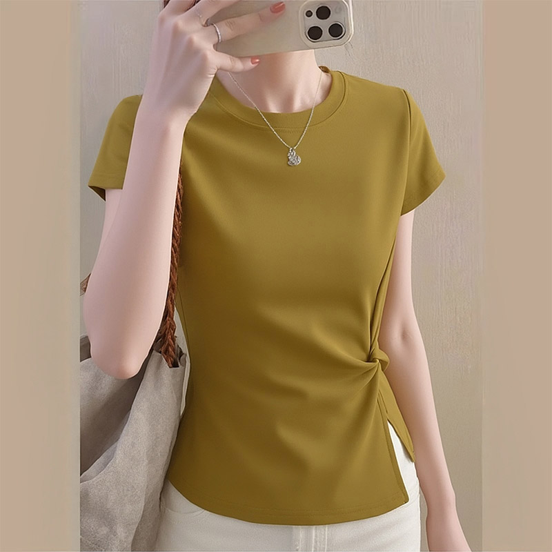 正肩薄款短袖t恤女夏新款设计感气质修身显瘦不规则扭结开叉上衣