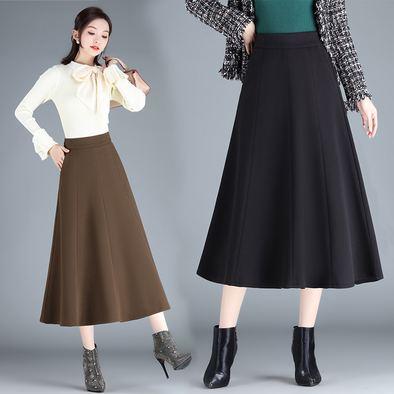 a字裙大码半身裙女秋冬黑色高腰显瘦中长款大摆伞裙毛呢长裙垂感