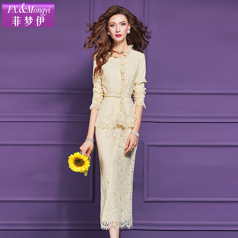 菲梦伊高级感蕾丝时尚套装女秋季收腰上衣包臀半裙两件套65878