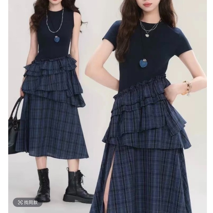 【高智感穿搭】韩系蓝色小众气质格雷系不规则斜摆格纹连衣裙