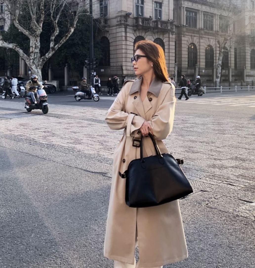 【杭州原版】翻领法式朋克风长款拼接通勤气质收腰风衣