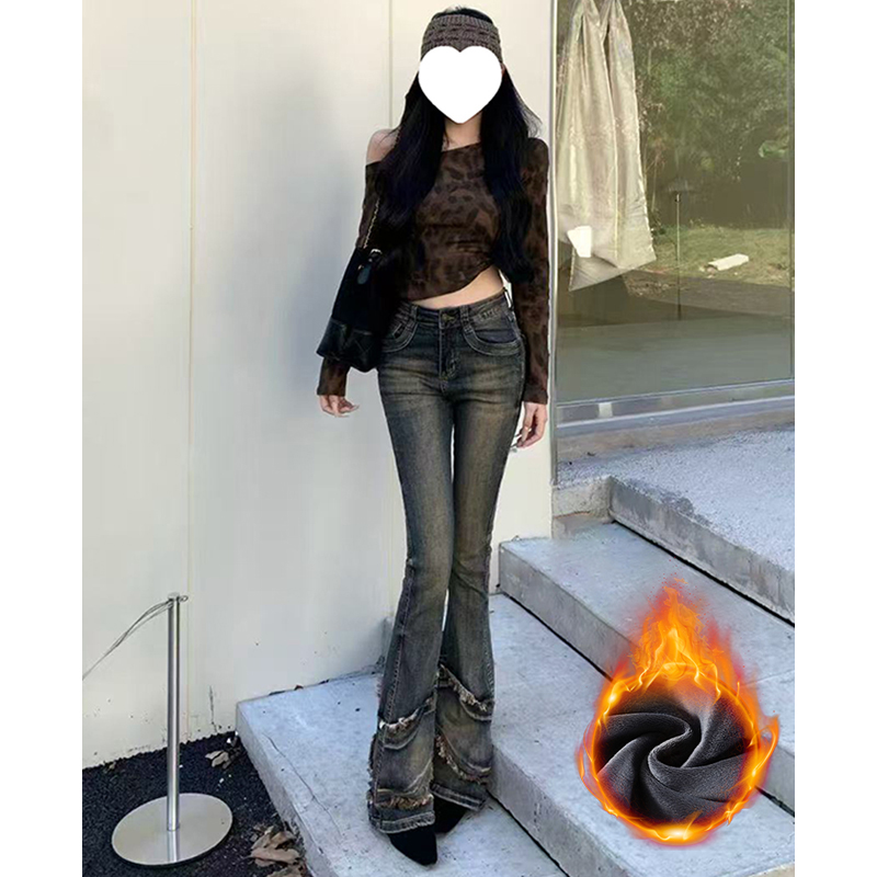 美式复古毛须边辣妹微喇牛仔裤女2025秋季新款拼接修身显瘦马蹄裤