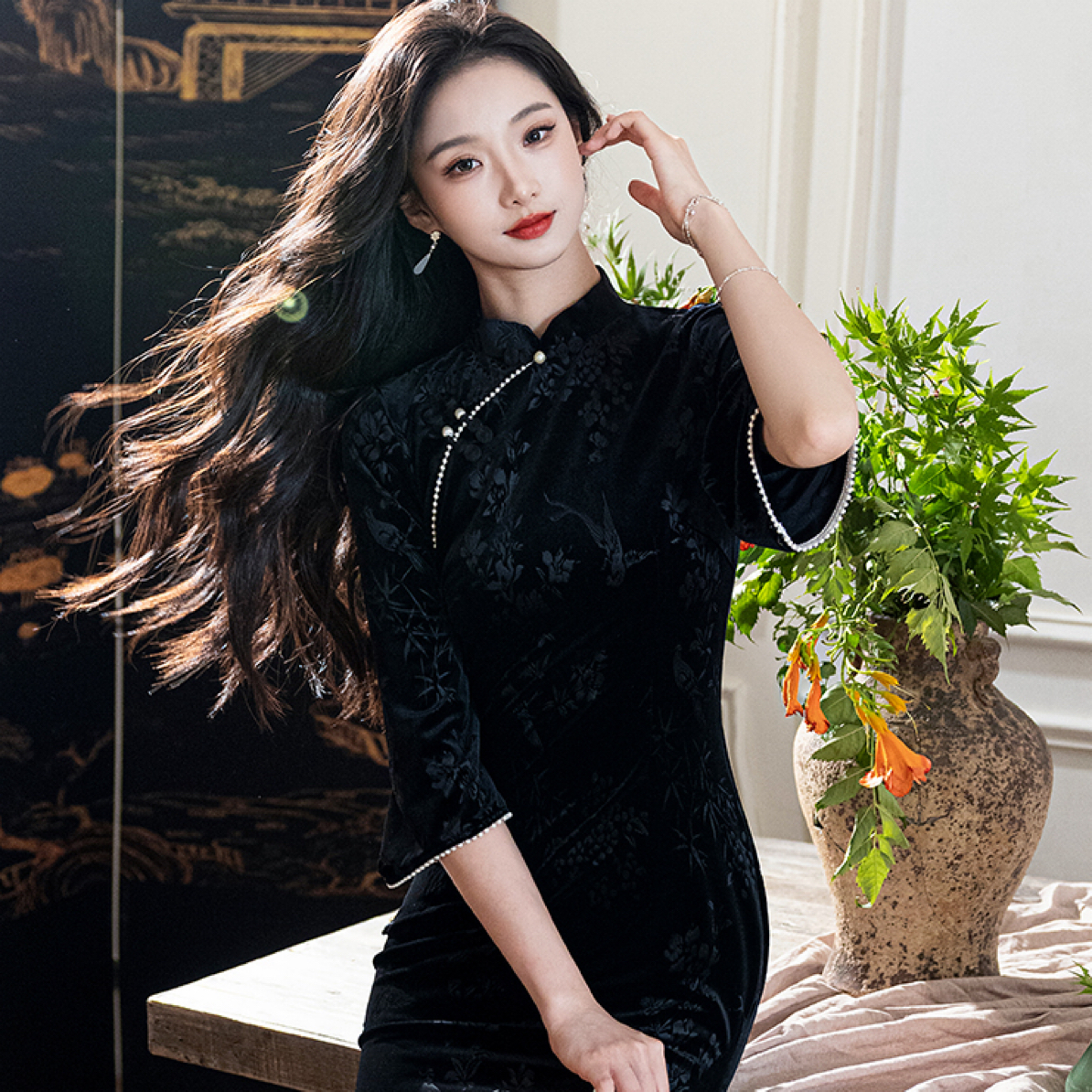 暗香｜如愿压花可爱风常规款低开衩针织旗袍秋冬中长款休闲风