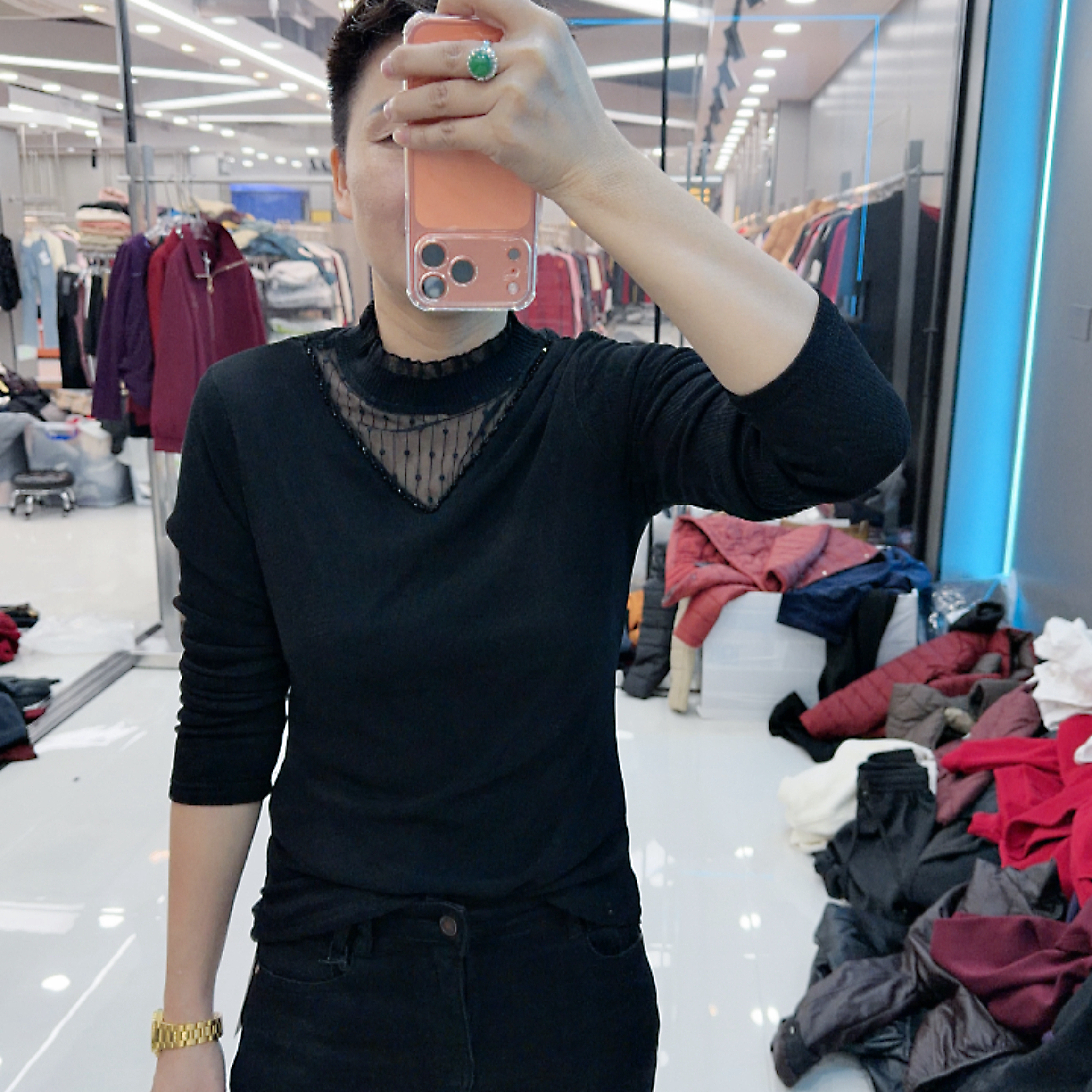 时尚半高领透视手工珠珠V领加绒保暖上衣853欧美