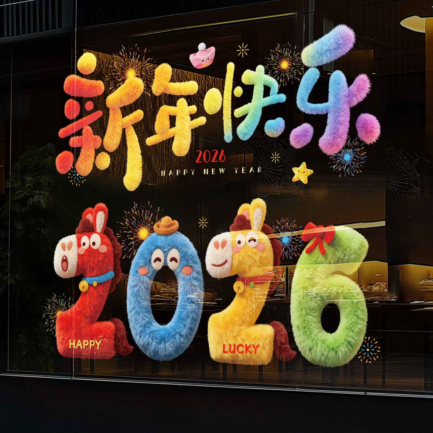 2026新年元旦马年窗花静电贴厨房橱窗福字对贴过年春节装饰