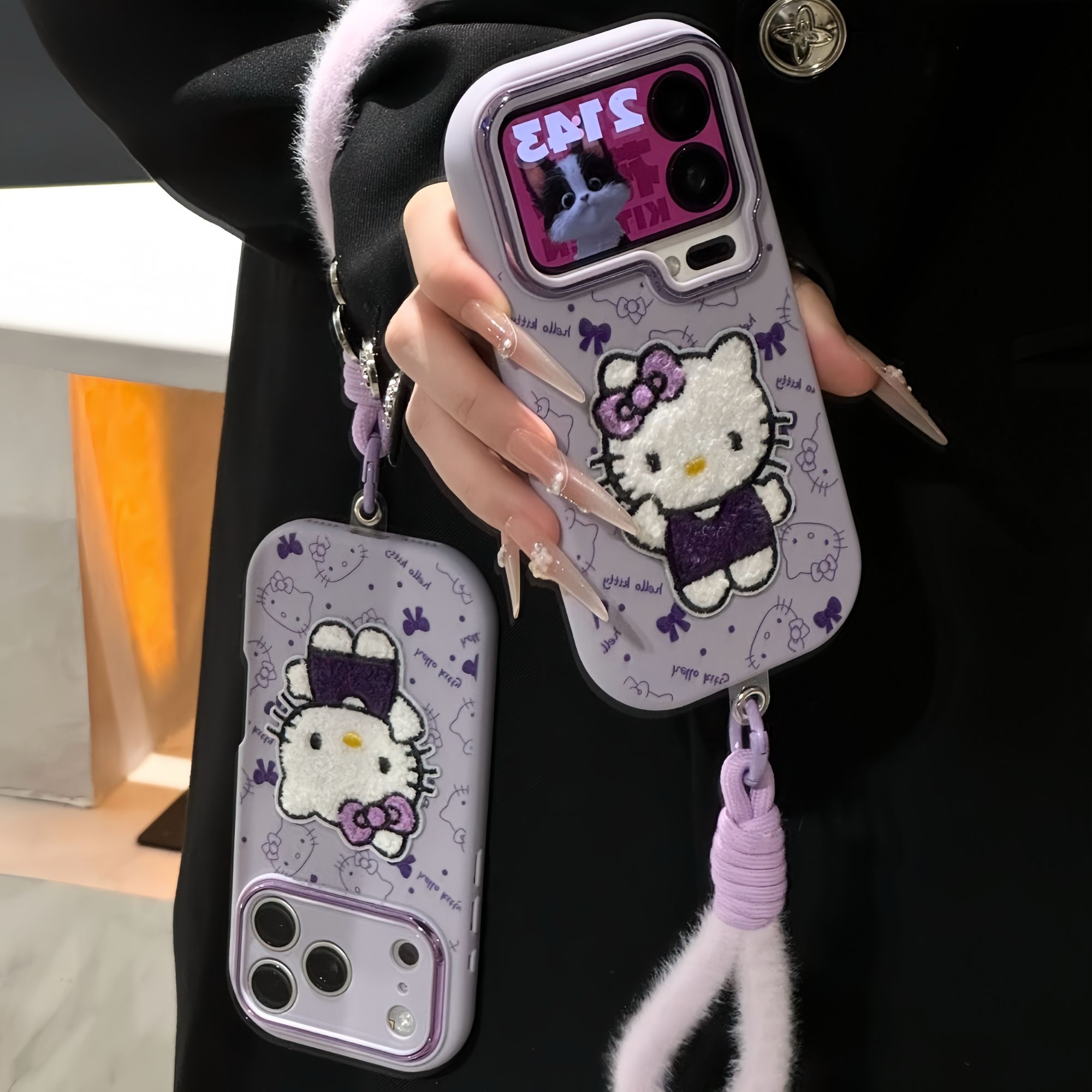 香芋紫KT刺绣贴挂绳适用苹果16/17promax手机壳华为vivoppo小米14