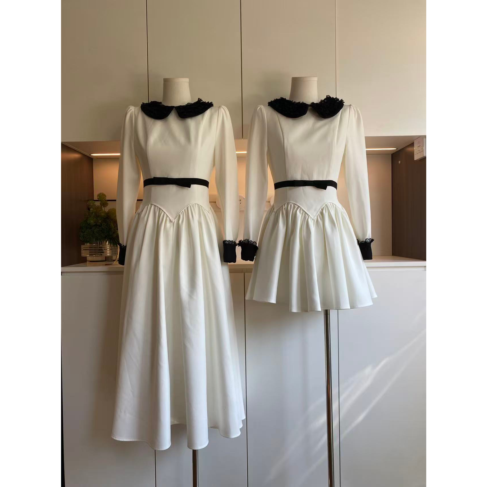 Lazy Didi奥黛丽 经典分割线赫本连衣裙拼色娃娃领蝴蝶结显瘦a字