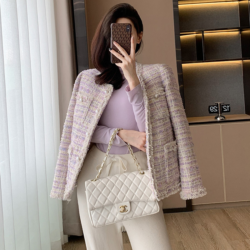 秋冬小香风时尚气质百搭菱格加厚粗花呢短款小众洋气法式外套女潮