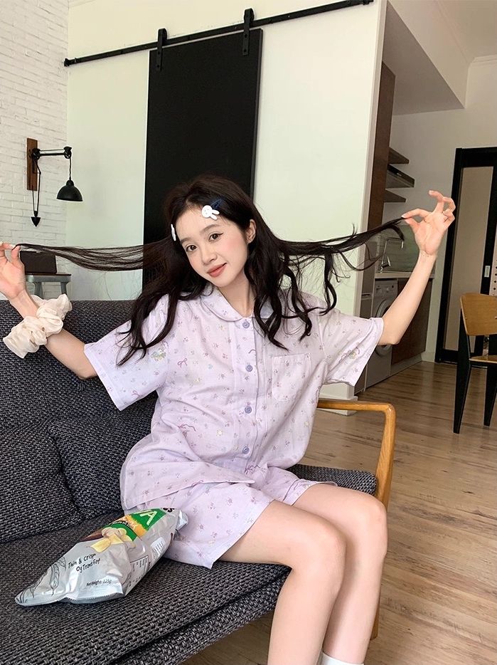 韩版ins小清新碎花短袖睡衣女夏季新款舒适翻领可外穿家居服套装