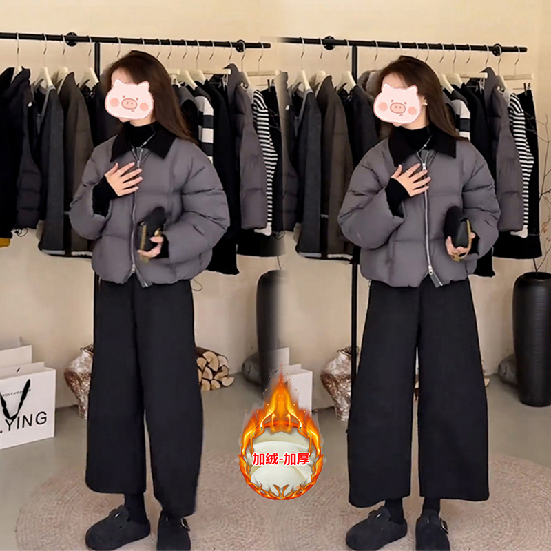 冬季新款穿搭一整套翻领设计短裤棉服外套搭配加厚保暖休闲裤套装