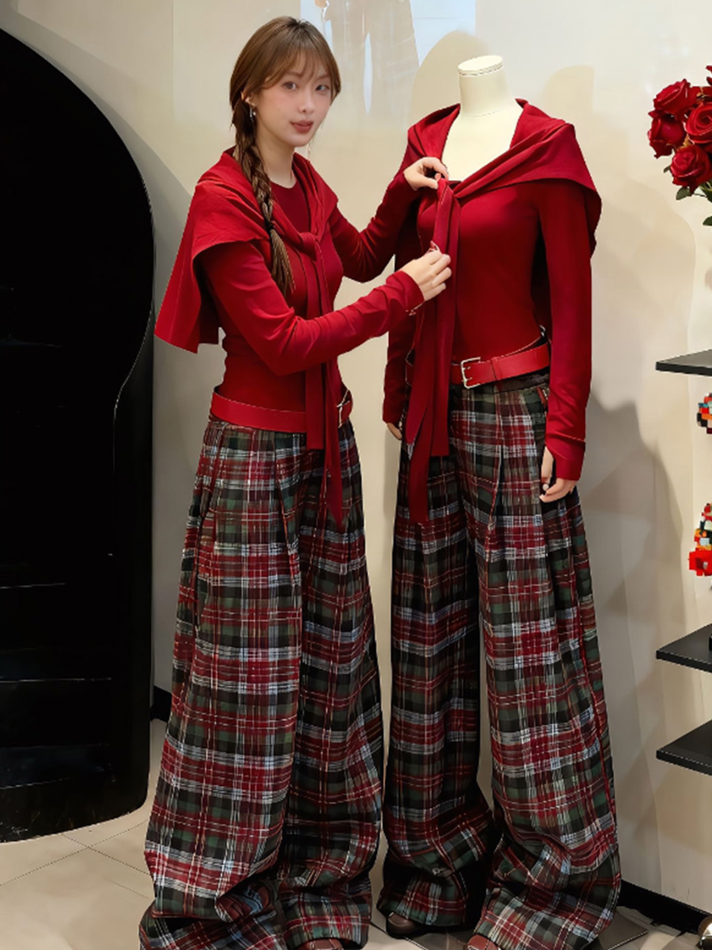 圣诞新款氛围感套装2025秋冬新款气质披肩圆领长袖上衣格子裤女装