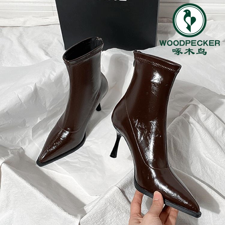 啄木鸟棕色短靴女高跟秋冬新款百搭法式小踝靴细跟尖头弹力瘦瘦靴