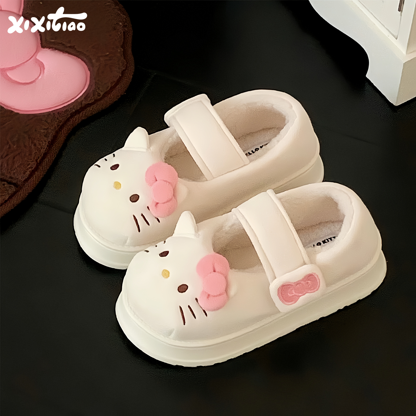 细细条 正版HelloKitty猫魔术贴棉鞋女秋冬外穿厚底玛丽珍豆豆鞋