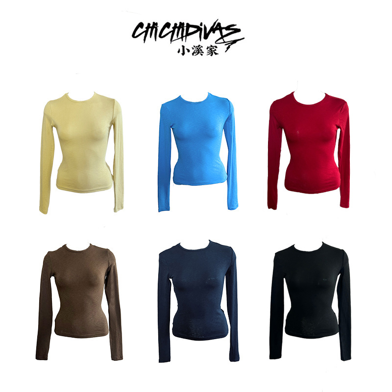（小溪家）六色圆领长袖早秋上衣修身显瘦纯色简约百搭T恤打底衫