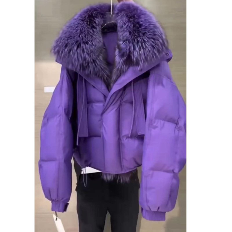 冬季新款韩版紫色连帽毛领棉服宽松显瘦外套