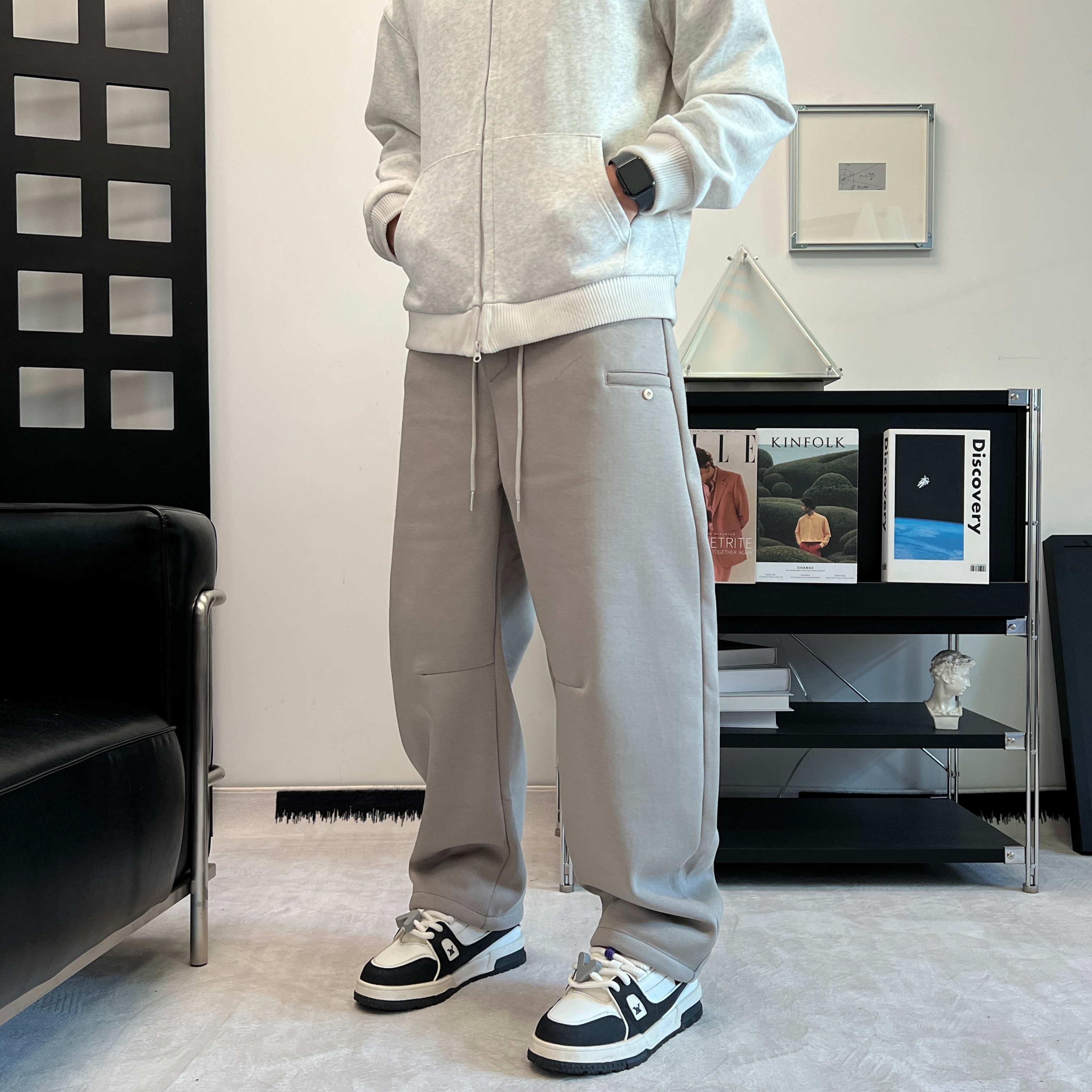 美式休闲灰色卫裤男秋冬加绒运动裤宽松直筒阔腿裤百搭纯色高级感