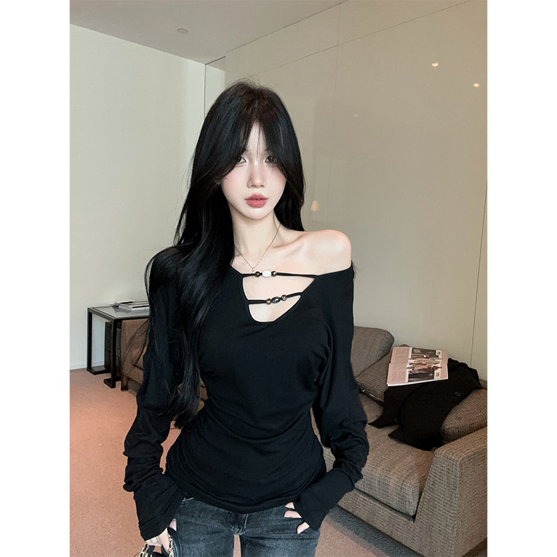 设计感小众气质黑色V领串珠修身长袖T恤女百搭褶皱收腰显瘦小上衣