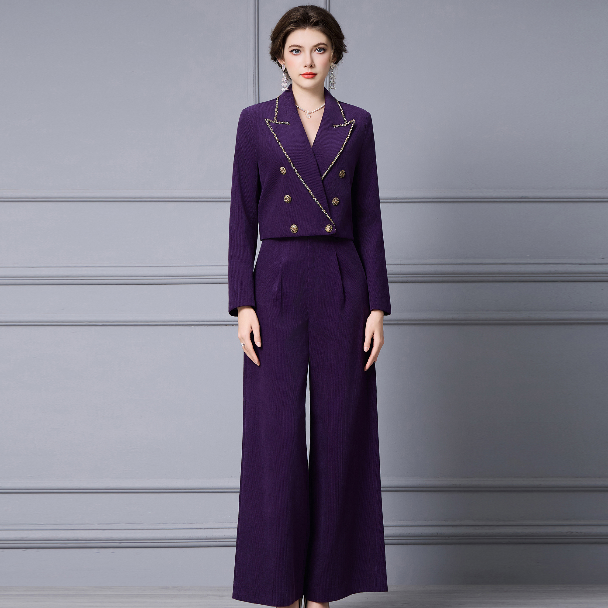 枝荔秋冬套装女2025新款爆款高级感灯芯绒高腰短外套显瘦阔腿裤子