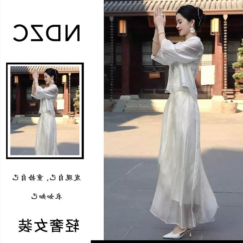 夏季流行新中式国风套装清冷禅意风大方得体中式白色衬衫半身套裙
