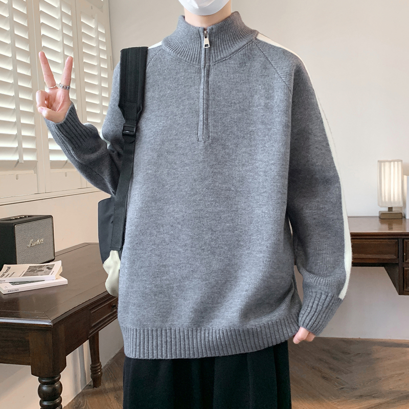 毛衣男青少年秋冬季新款半拉链立领针织衫男生韩系灰色立领毛线衣