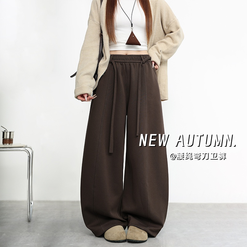 2025秋季新款慵懒腰绳设计阔腿裤女宽松垂感百搭休闲弯刀卫裤