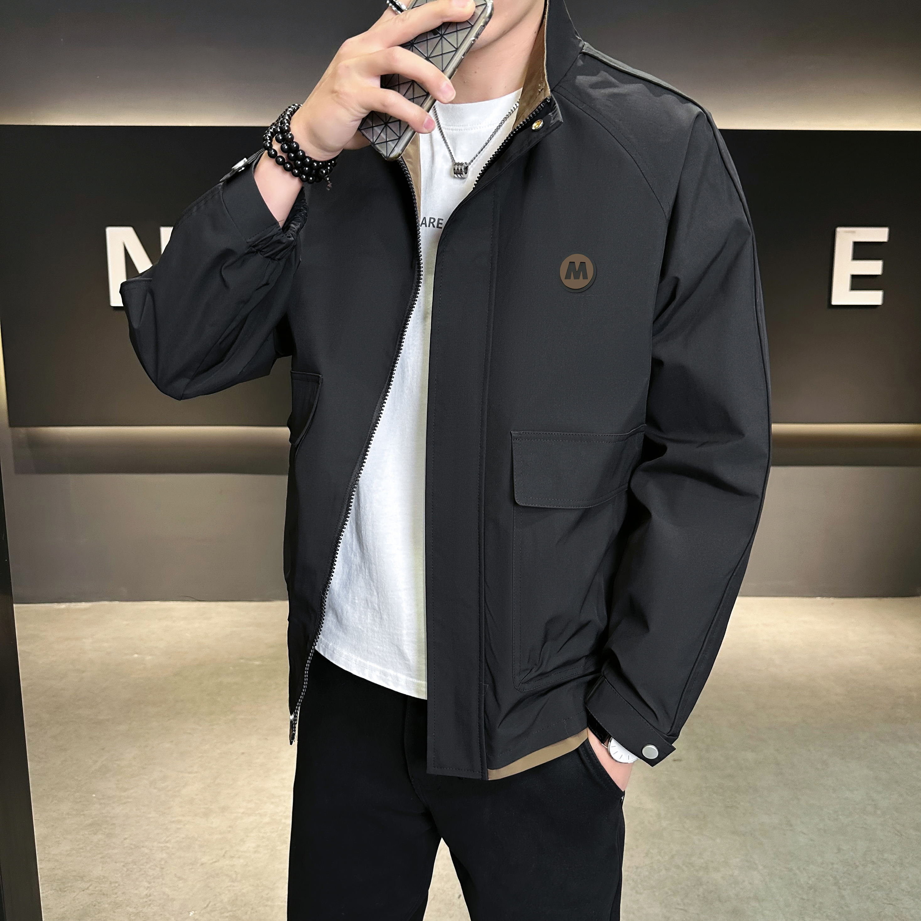 美式立领工装夹克男款秋冬休闲时尚字母百搭飞行外套潮流帅气上衣