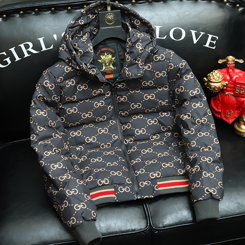 BQDK轻奢休闲90白鸭绒连帽外套男士冬季潮流字母印花加厚羽绒服