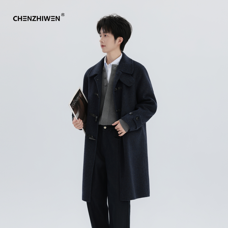 陈智文冬季新款重磅全羊毛牛角扣双面呢翻领外套情侣毛呢大衣男款