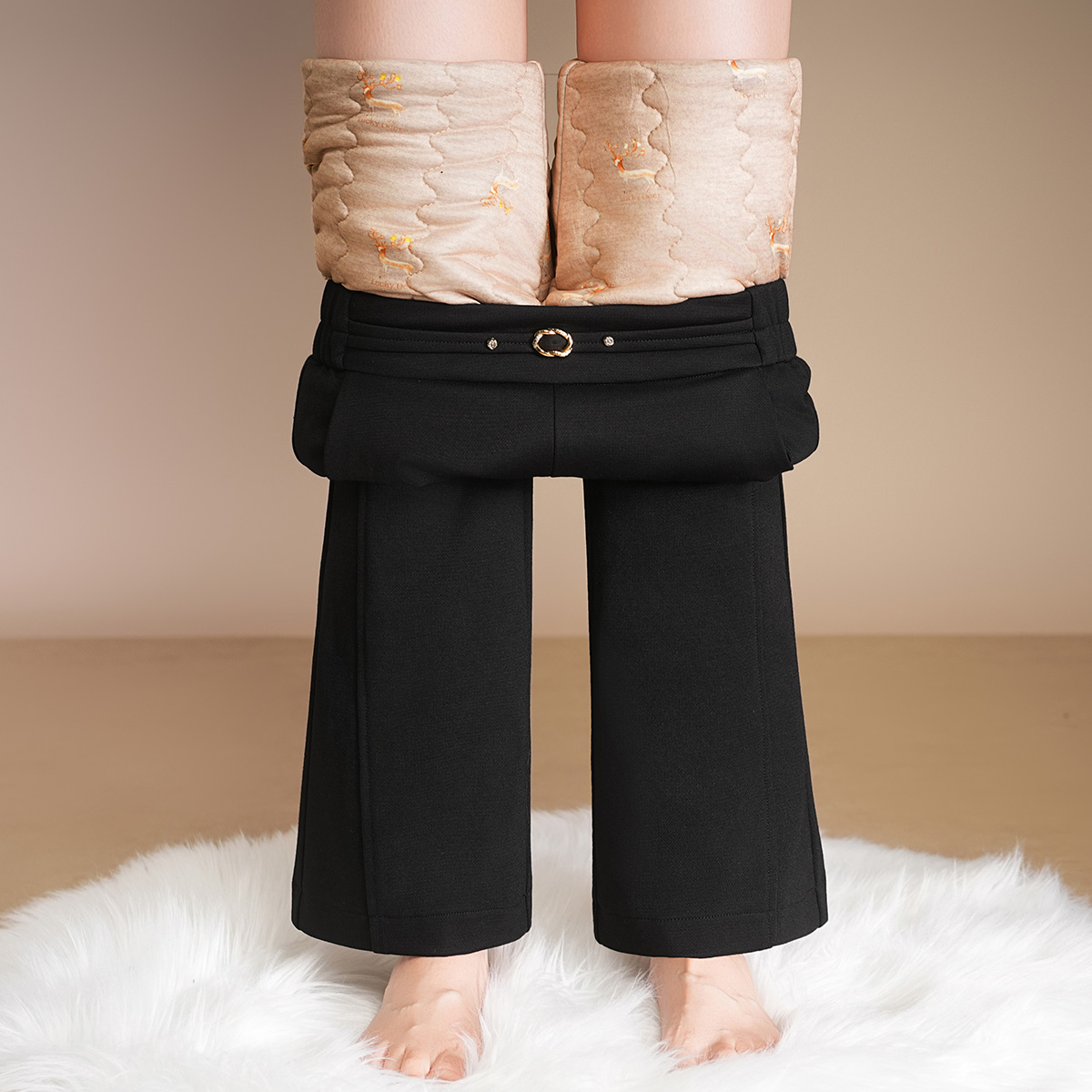 蚕丝棉裤女款冬季外穿防寒保暖高腰微喇时尚洋气黑色加厚加绒裤子