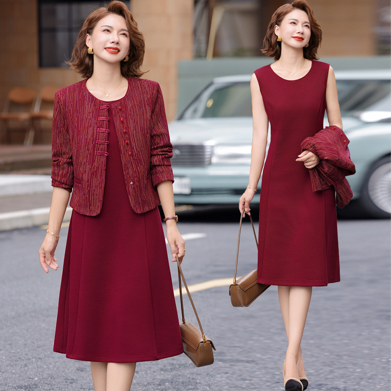 喜婆婆婚宴装妈妈连衣裙套装中老年女秋装外套结婚礼服裙子两件套