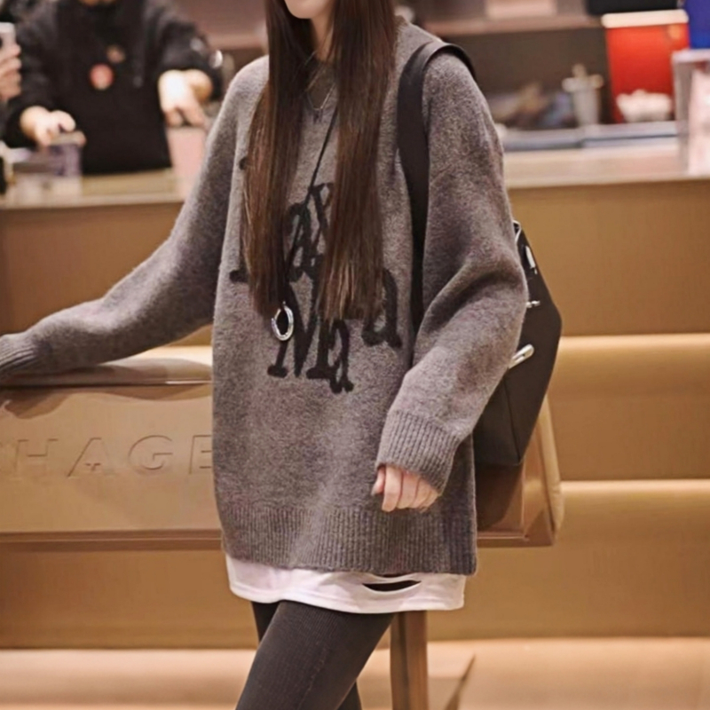 慵懒风灰色中长款套头毛衣女秋冬新款大码女装时尚宽松针织衫上衣