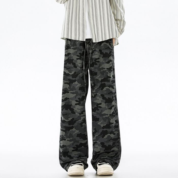重磅秋装美式复古迷彩直筒休闲裤水洗宽松男长裤潮流百搭美式高街