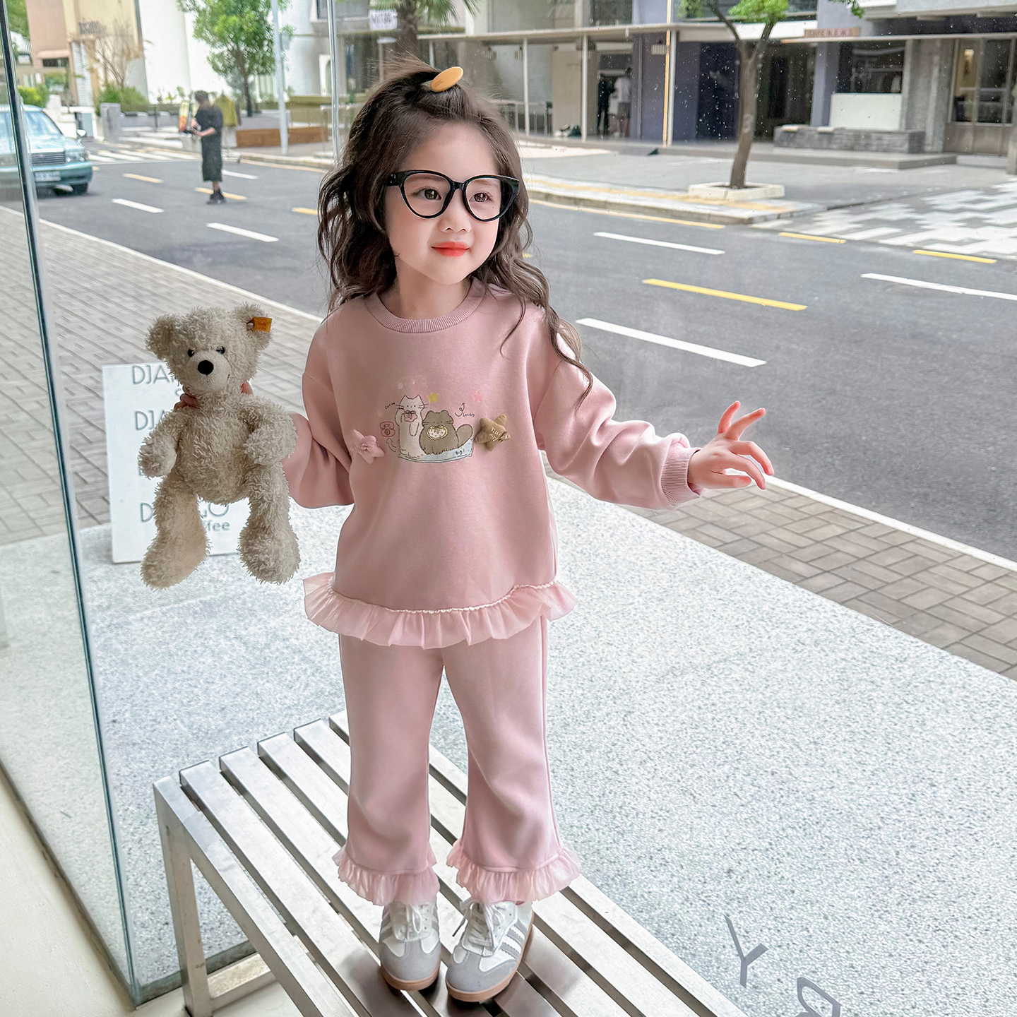 女童2025新款春秋季儿童时尚潮流星星绣花下摆纱边卫衣休闲套装