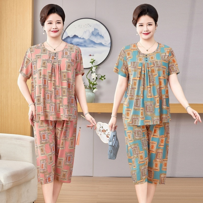 新款特大码中老年女夏装套装加肥加大妈妈装奶奶装弹力舒适两件套