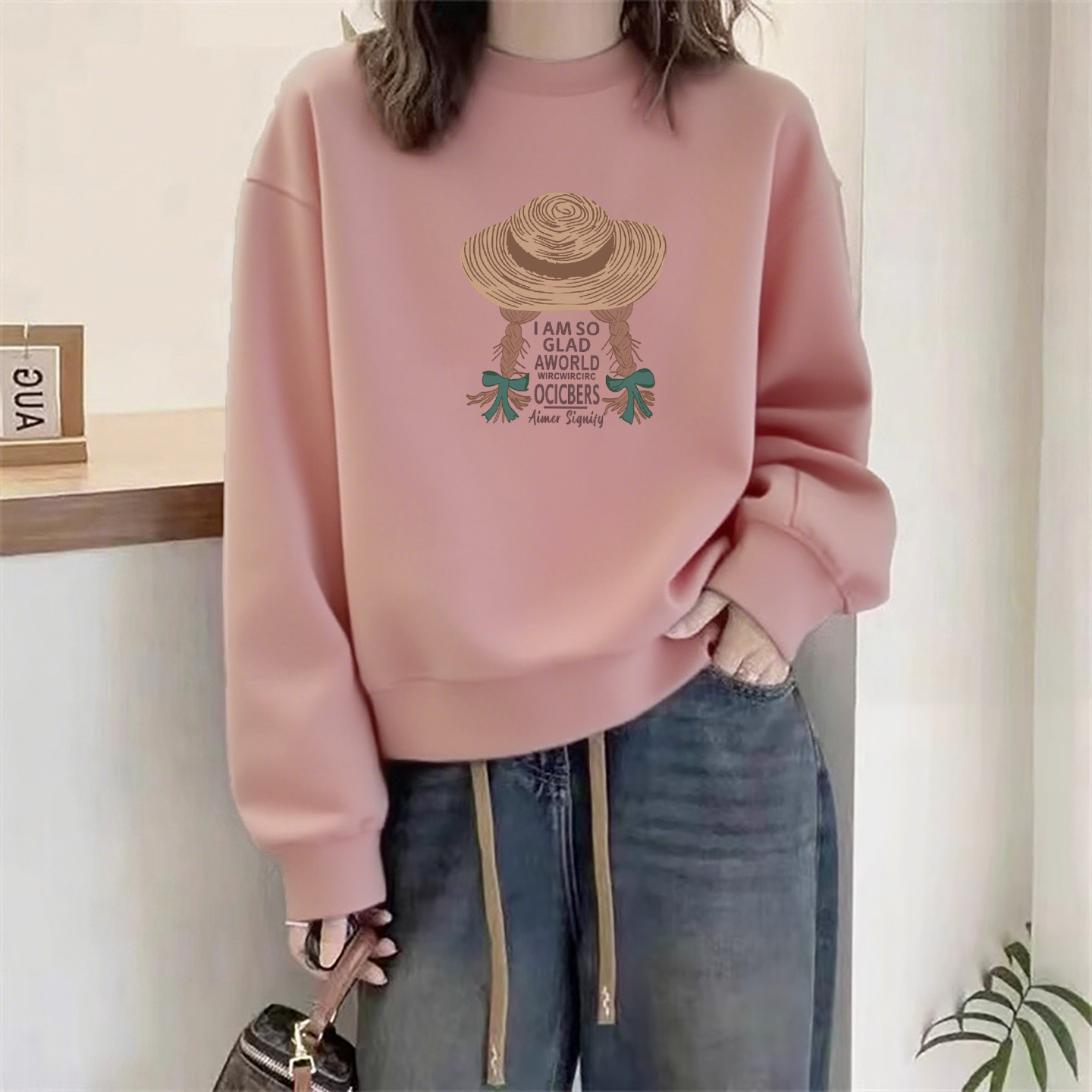 藕粉色圆领卫衣女洋气2025新款爆款秋装宽松套头长袖加绒冬季上衣