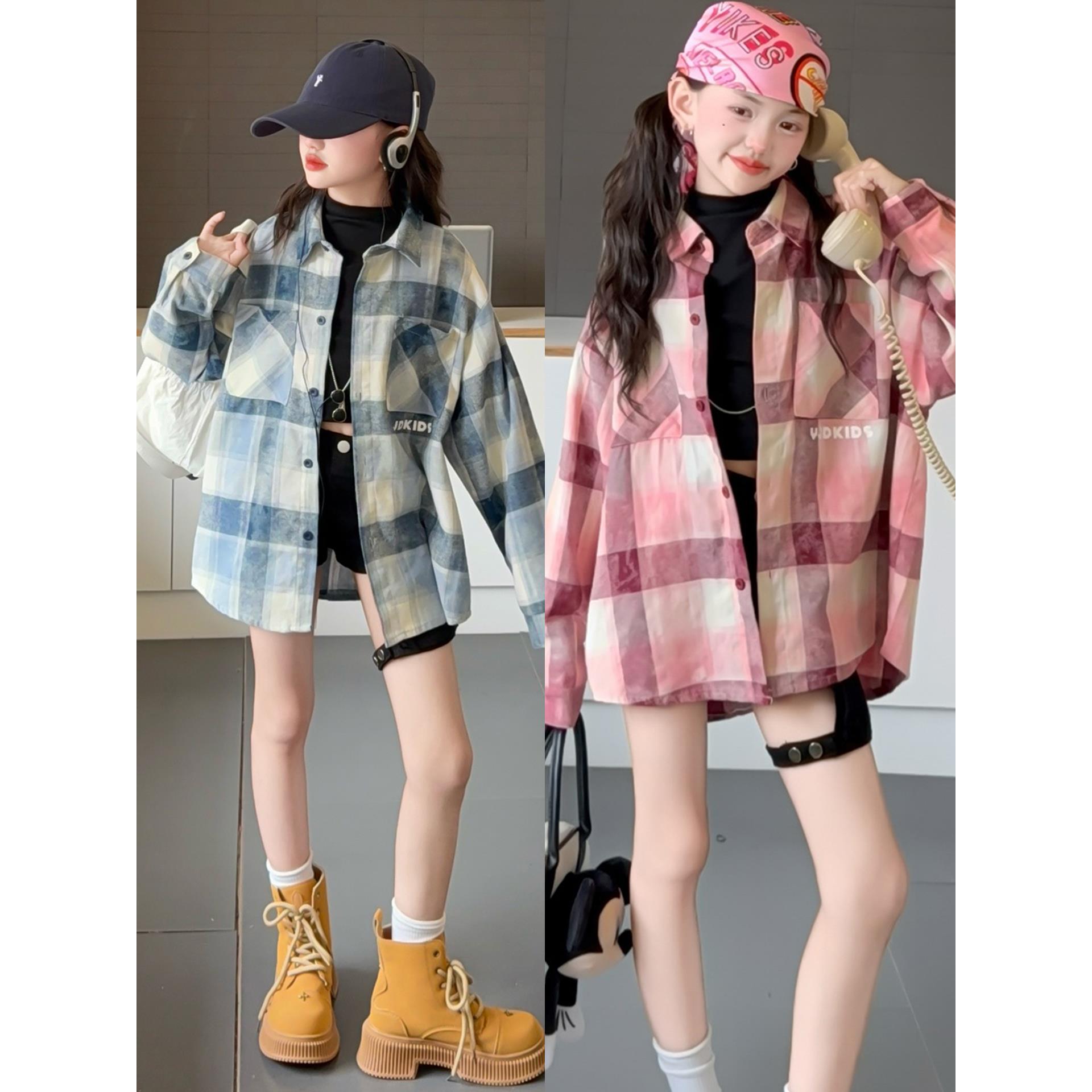 女童春秋款衬衫2025新款女大童洋气休闲格子外套儿童韩版秋装衬衣