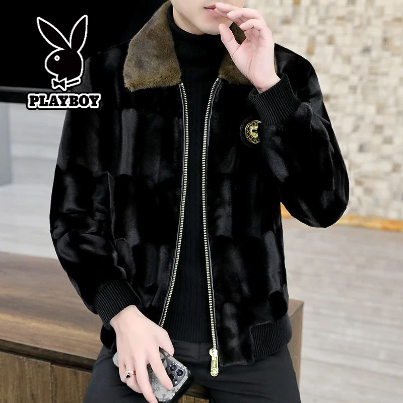 花花公子冬季新款潮流貂绒外套男士翻领夹克男高端加厚开衫拉链水