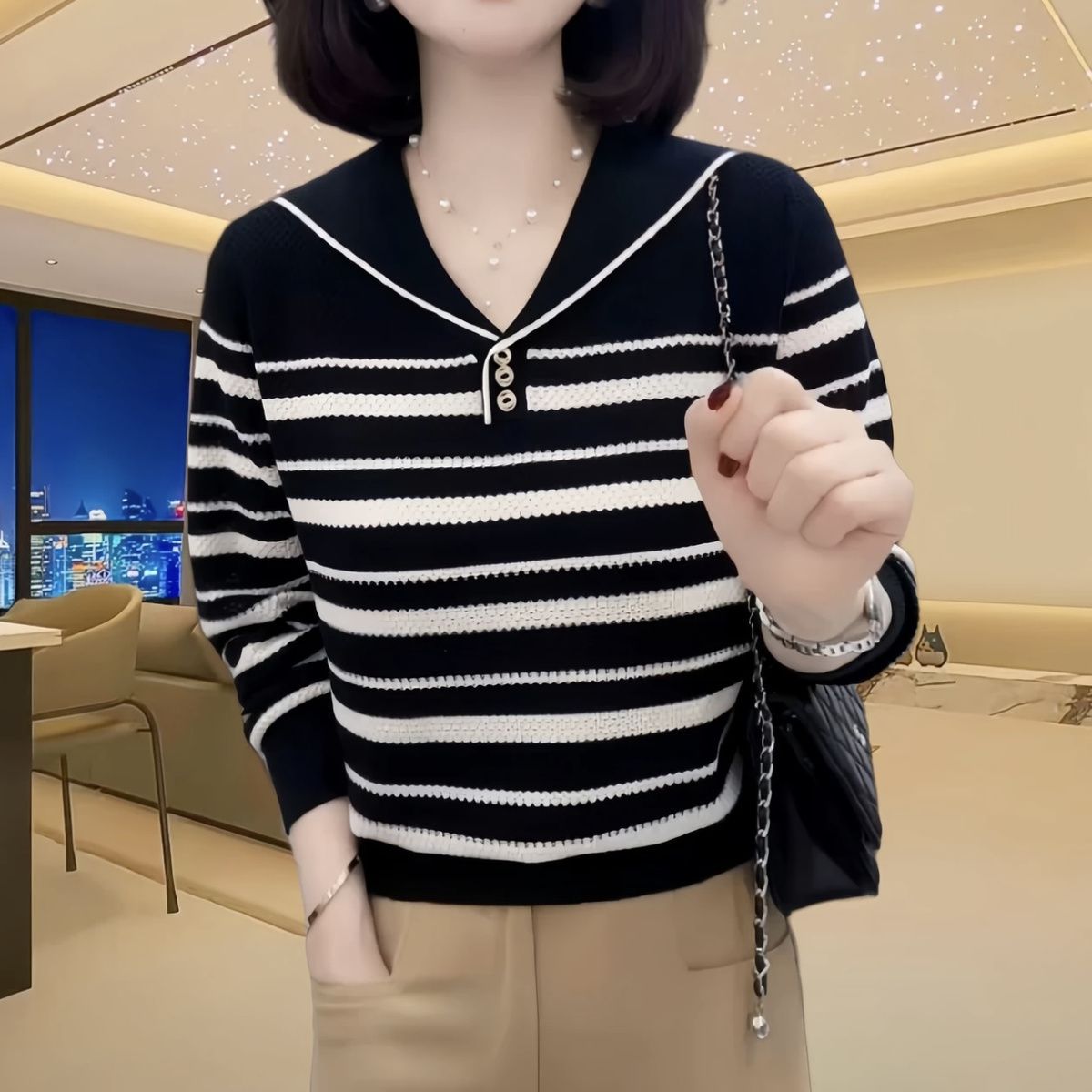 海军领翻领条纹套头针织衫2025秋冬打底长袖上衣女