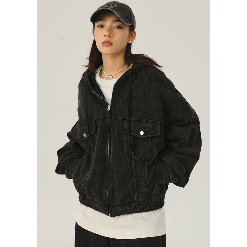 FROMWRTING字由潮牌春秋复古做旧工装短外套男美式连帽夹克女上衣