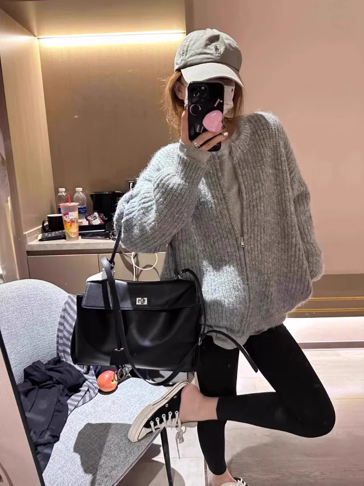 休闲高级感灰色松弛感粗针加厚毛衣开衫外套针织衫女新款秋冬拉链