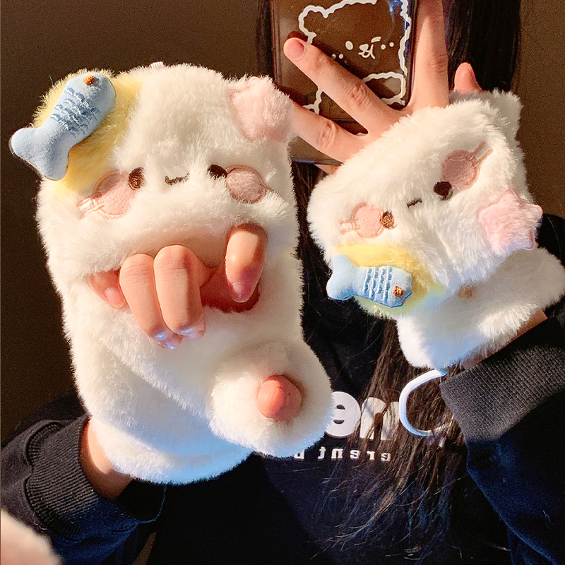 保暖手套可爱猫咪毛绒半指翻盖手套女冬季保暖加绒加厚触屏骑行