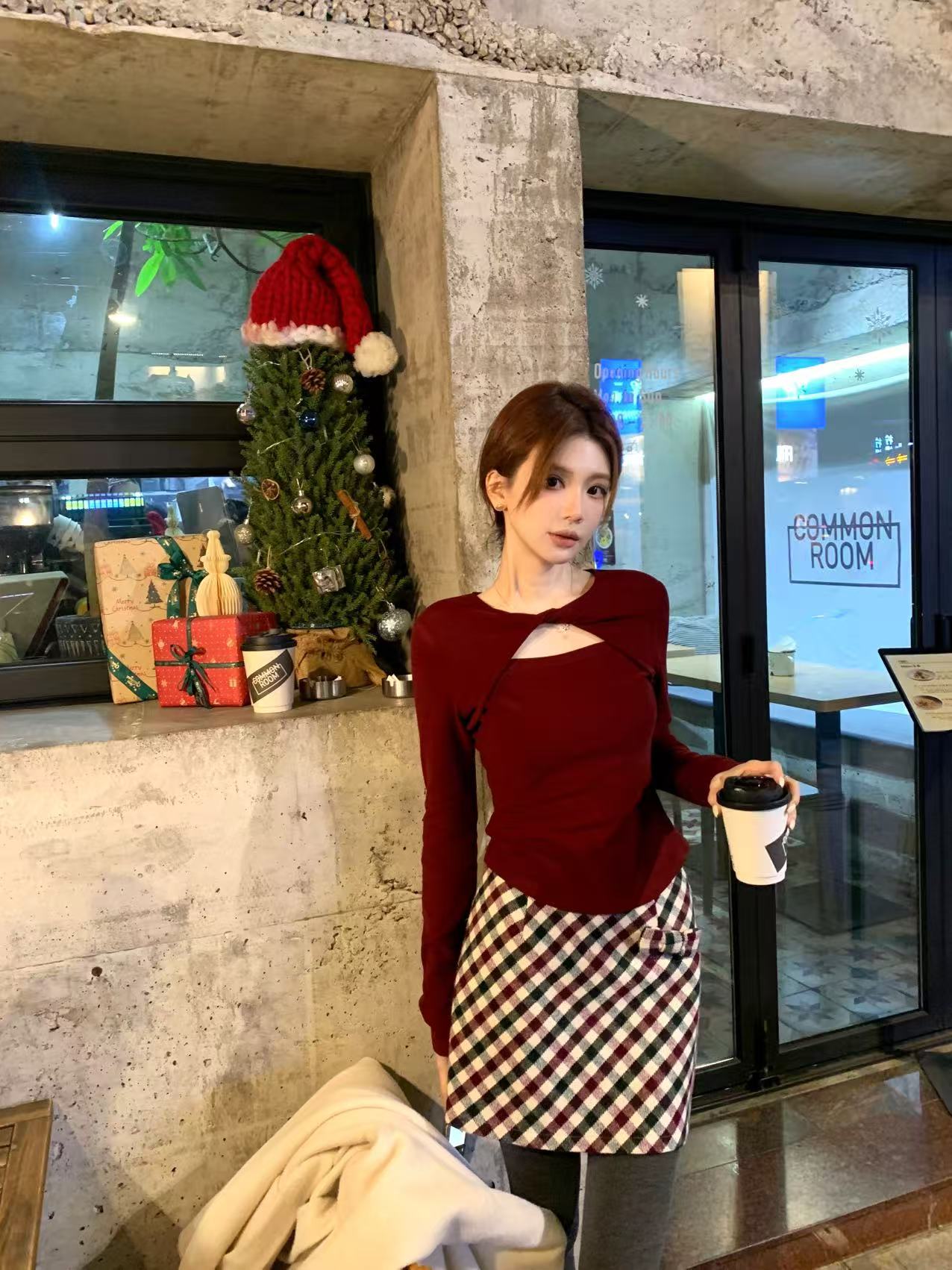 【芝士Cheese】锡兰庄园 磨毛长袖领口扭结设计气质修身针织上衣