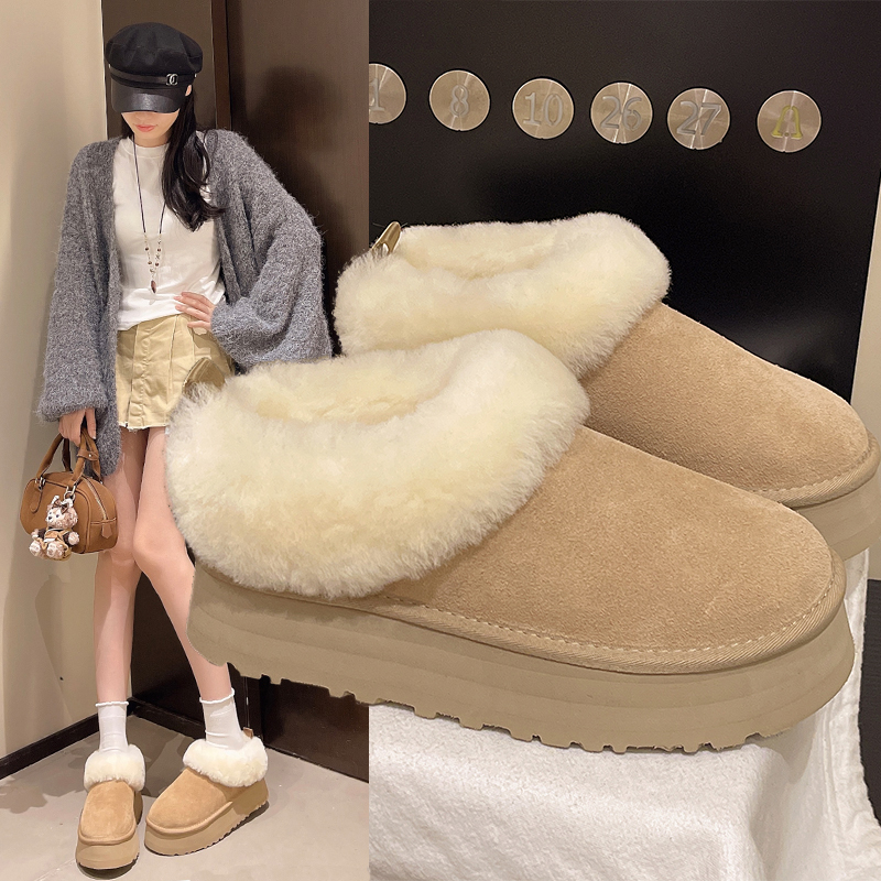 雪地靴女冬皮毛一体2025新款一脚蹬面包毛毛鞋子加绒加厚东北棉鞋
