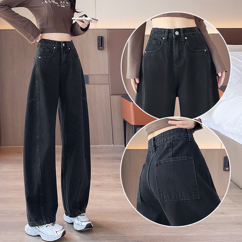 蜜蜜穿搭加绒加厚酷飒高街风弯刀牛仔裤女2025冬季黑灰色阔腿裤子